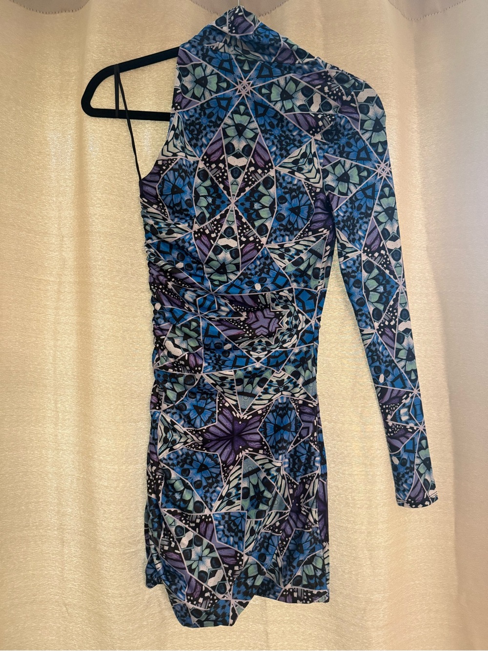 AFRM One-Shoulder Mini Dress in Blue & Purple Mosaic Print